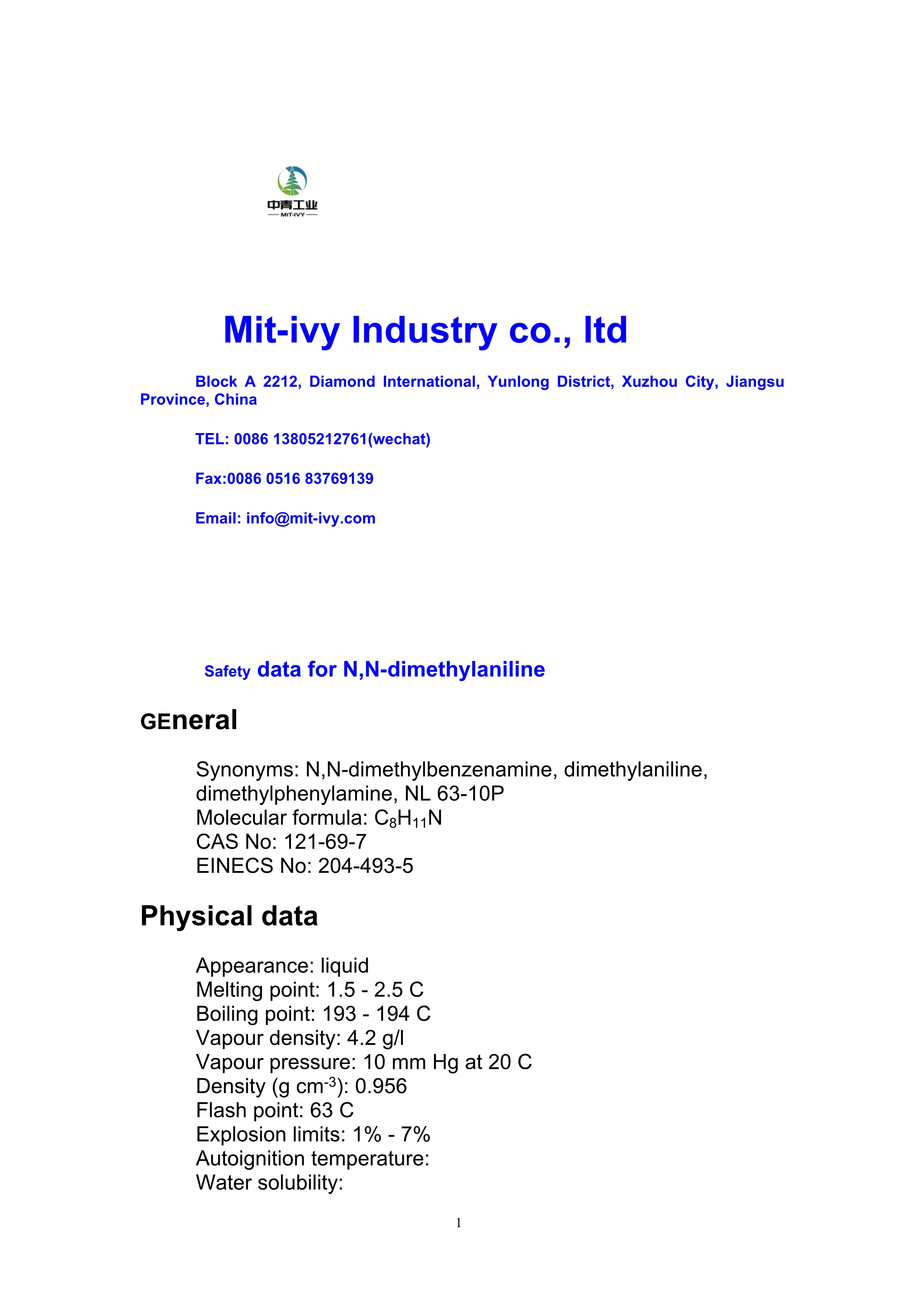 Safety data for 二甲基苯胺_0